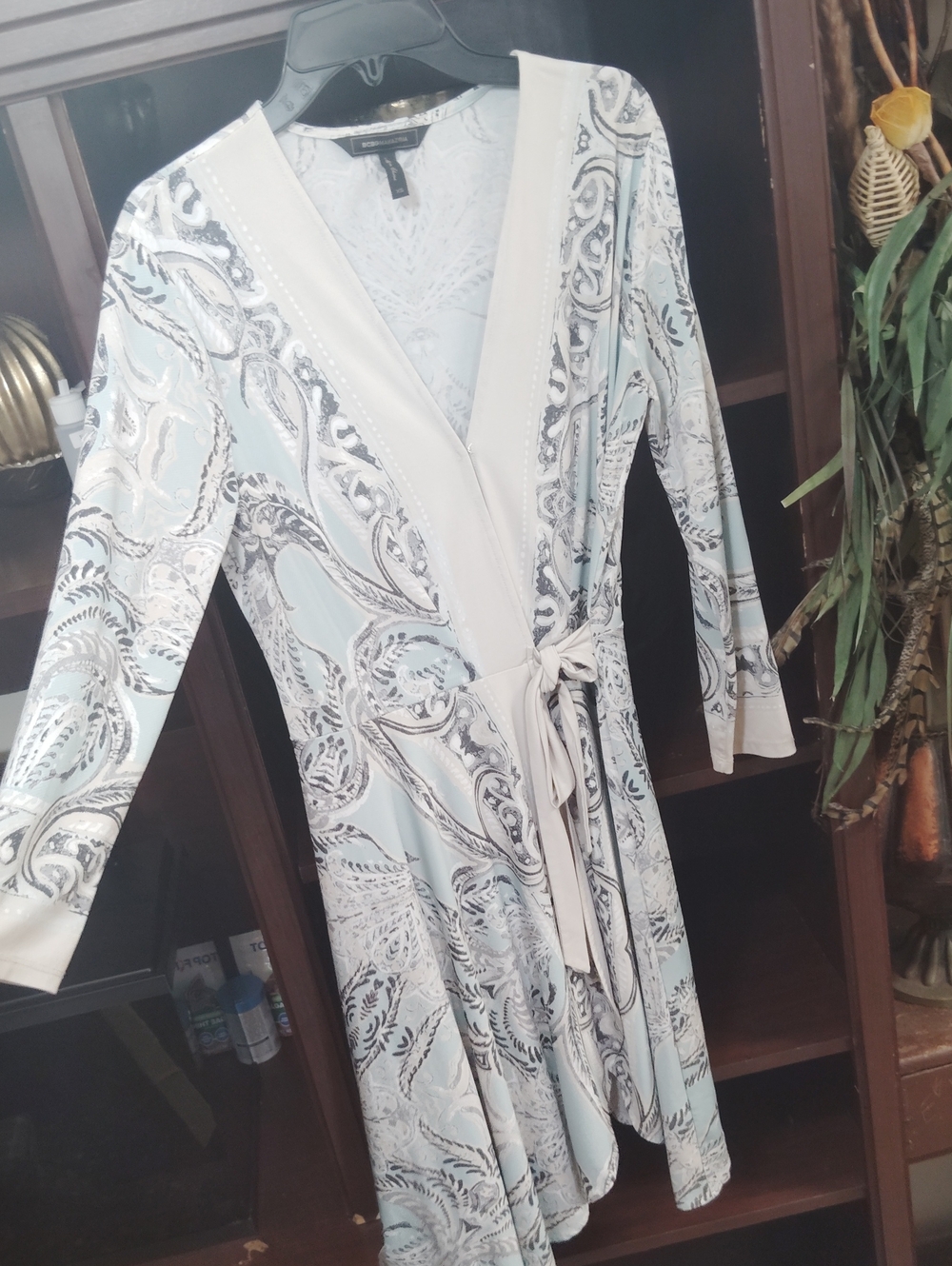 BCBGMaxAzria Light Blue and Ivory Paisley Wrap Dress